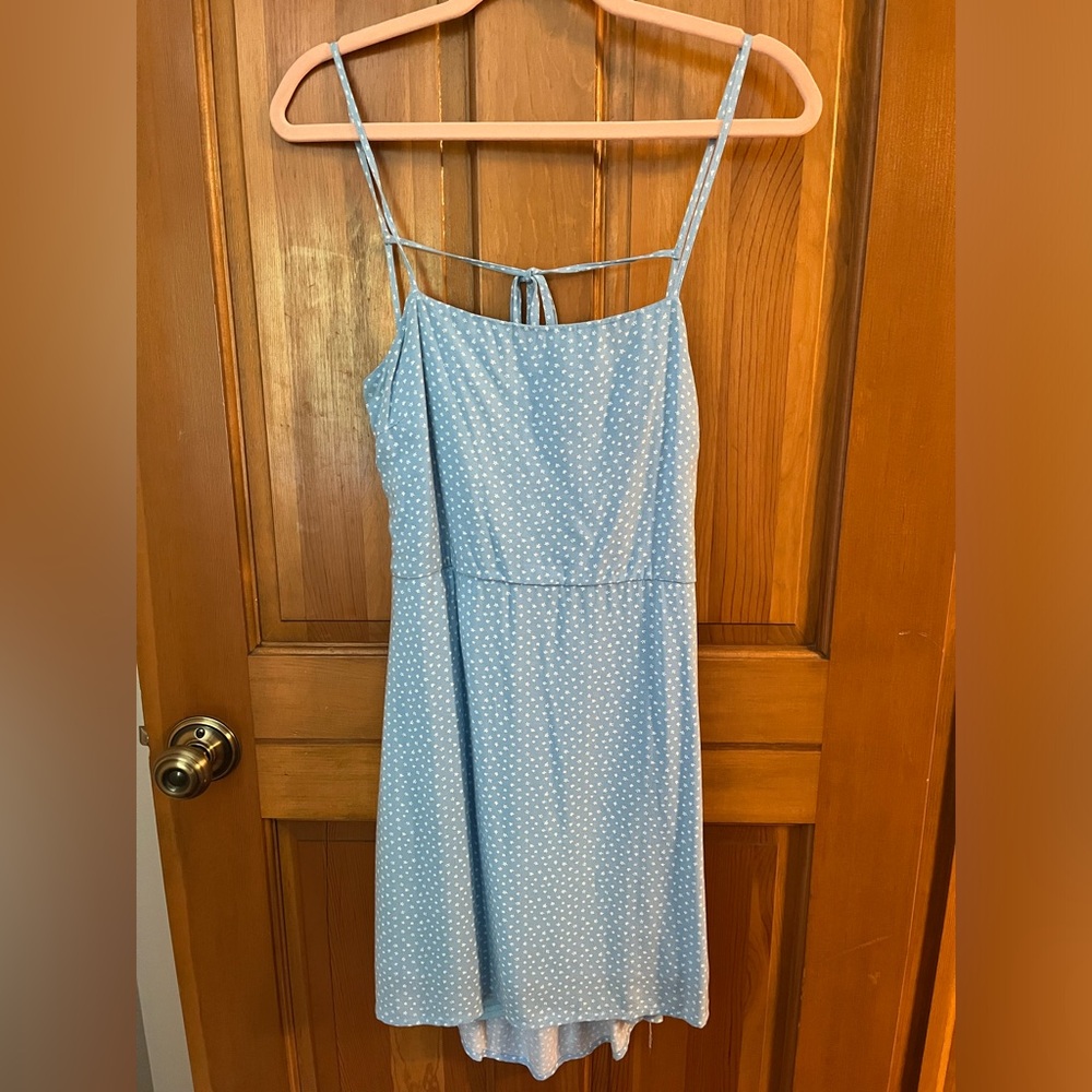 Tie back mini dress. Light blue flower pattern. Lightly used.